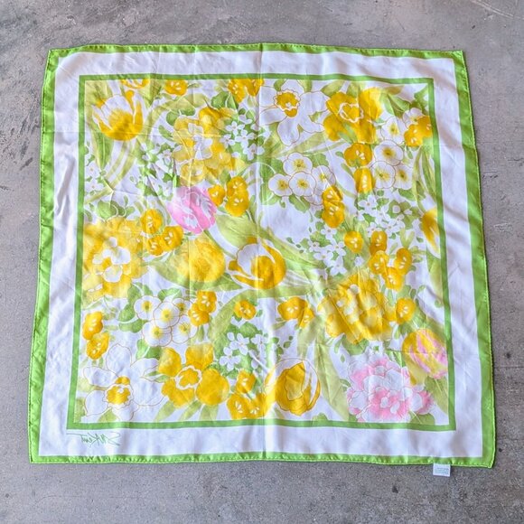 Vintage Avon Yellow Green Pink Oversized Square Scarf - Picture 9 of 9